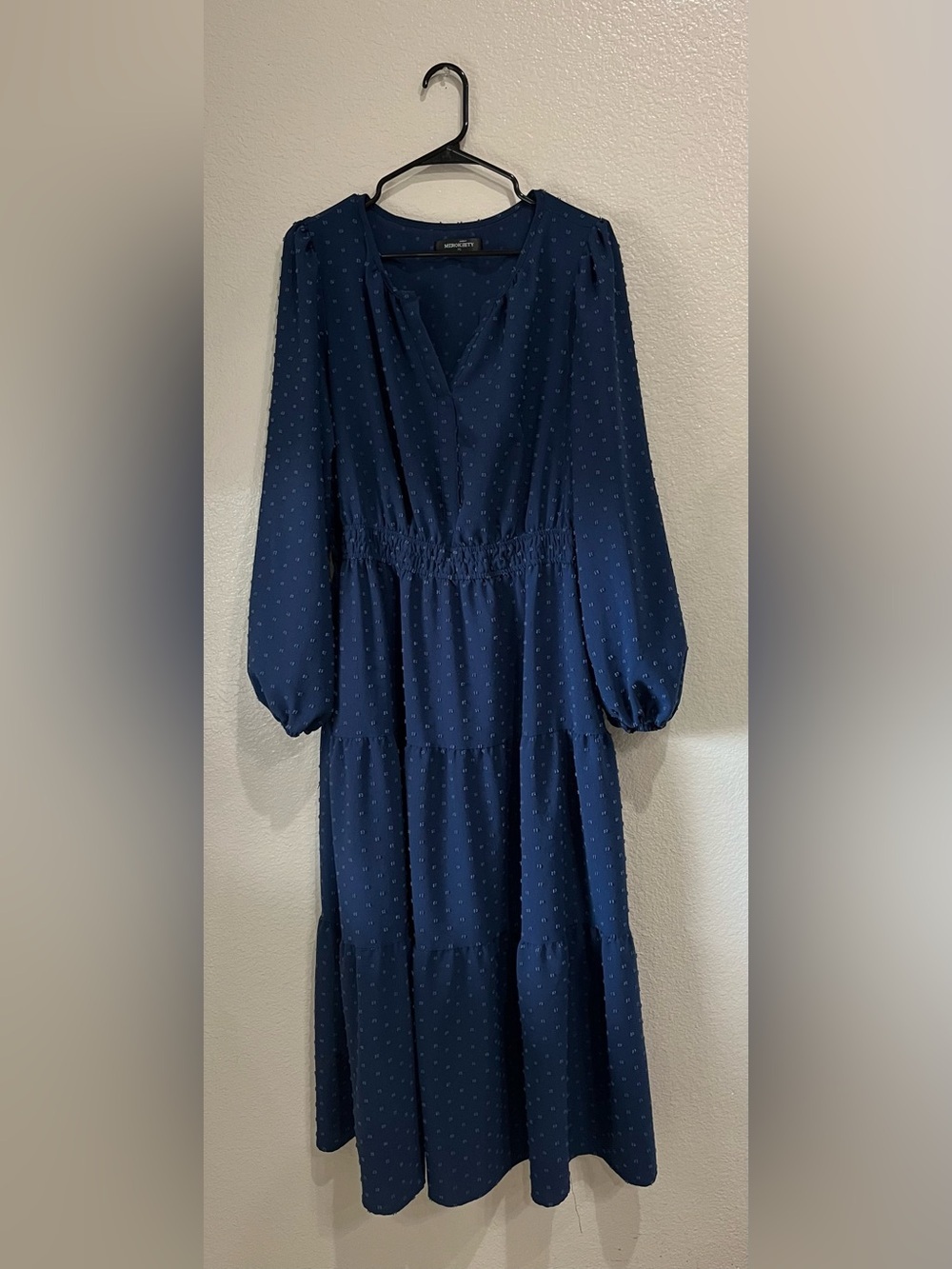 Merokeety Navy Long Sleeve Textured Tiered Maxi Dress lagging look XL TC0263